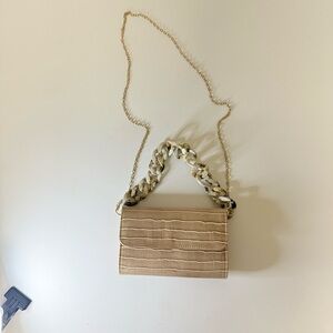 Tan Croc Embossed Clutch with Acrylic Chain & Gold Crossbody Strap